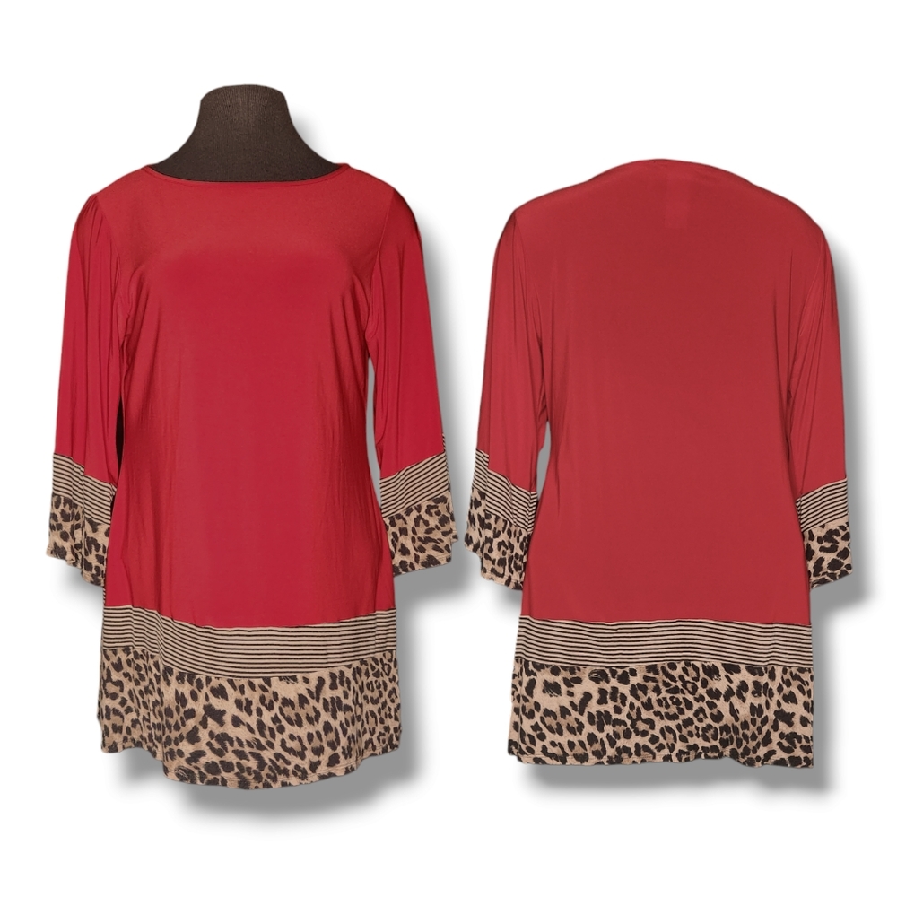 ⭐️ 4x for $20 Coco Bianco 3/4 Bell Sleeve Red, Stripes & Leopard Dipped Blouse